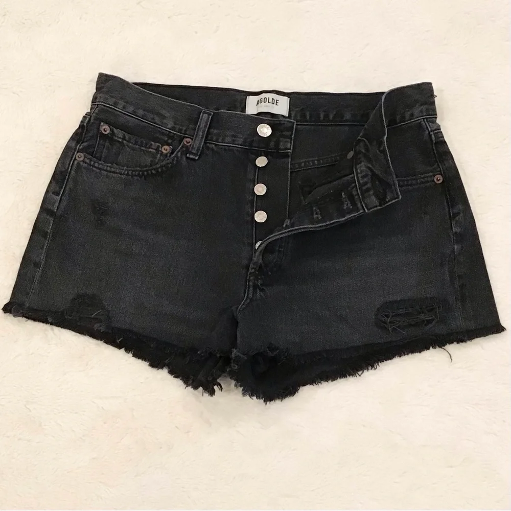 AGOLDE 27 (US 4) Parker Denim Shorts Black High Rise Women’s Distressed Button